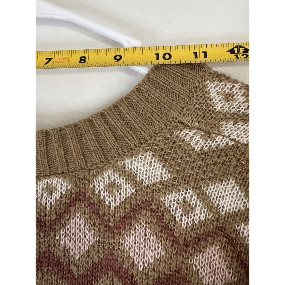 No Comment Boho Geometric Knit Sweater Size‎ Large UEC Brown Pink V-Neck